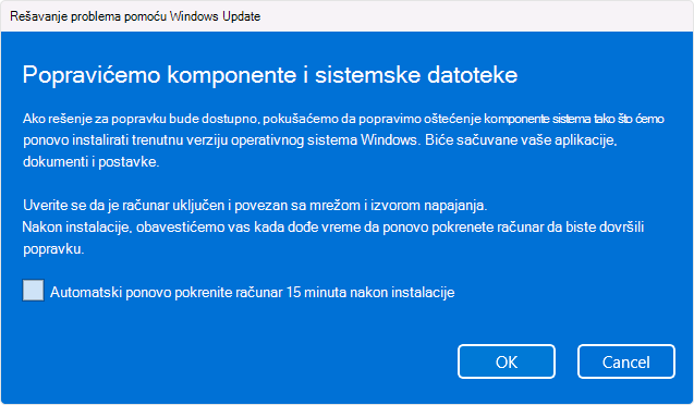 Snimak ekrana opcije ponovnog instaliranja usluge Windows Update.