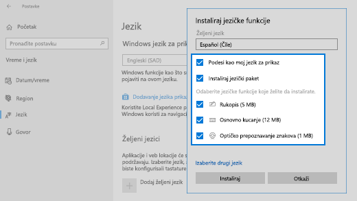Instaliranje jezičkih funkcija u operativnom sistemu Windows 10