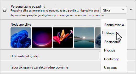 Snimak ekrana izbora za prilagođavanje radne površine za uklapanje u sliku.