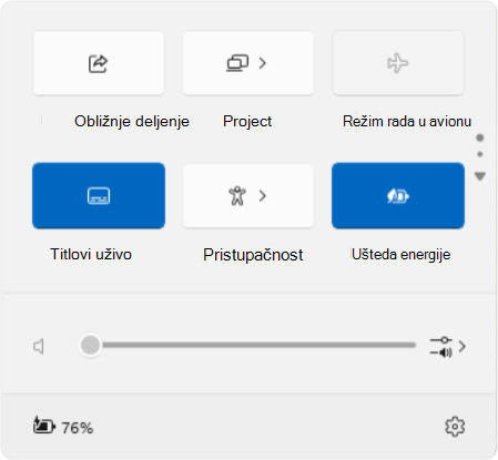 Snimak ekrana brzih postavki u operativnom sistemu Windows.