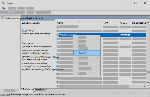 ponovo pokrenite audio usluge: Windows Audio, Windows Endpoint Builder i poziv udaljene procedure (RPC)