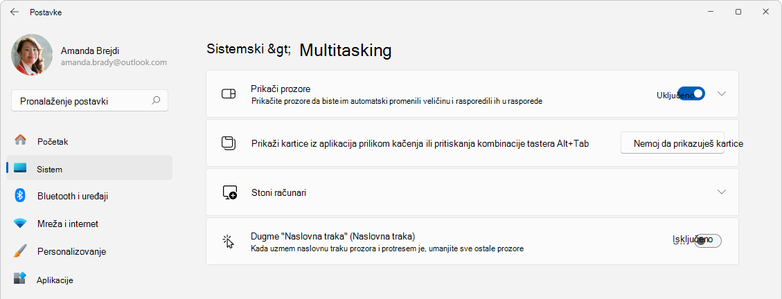 Snimak ekrana podešavanja > sistema > multitasking.
