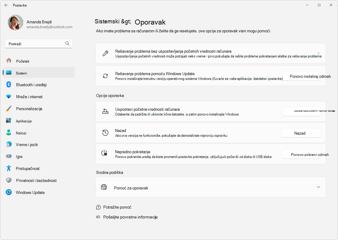 Screenshot of Settings - System - Recoveri.