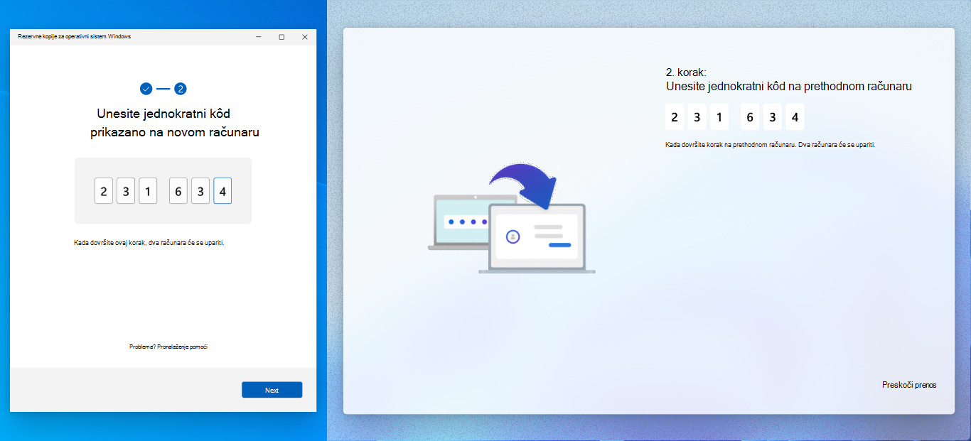 Snimak ekrana prethodnog i novog računara koji dovršavaju proces uparivanja.