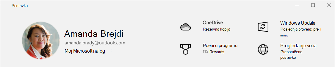 Snimak ekrana postavki koji prikazuje status OneDrive rezervne kopije.