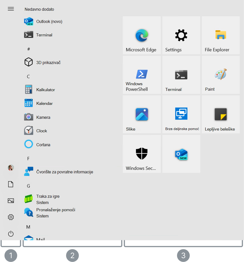 snimak ekrana menija Start operativnog sistema Windows 10 sa istaknute 3 glavne oblasti.