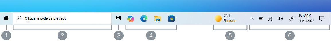 Snimak ekrana Windows 10 trake zadataka sa oznakom za svaki odeljak.