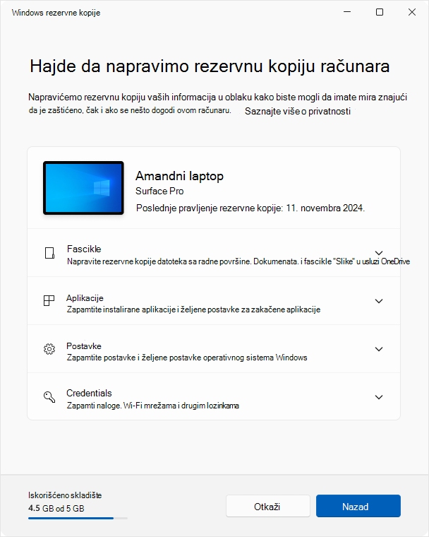 Snimak ekrana Windows rezervne kopije u operativnom sistemu Windows 10.