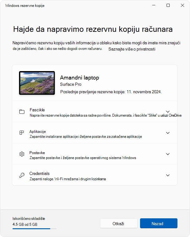Snimak ekrana aplikacije Windows rezervne kopije u operativnom sistemu Windows 11.