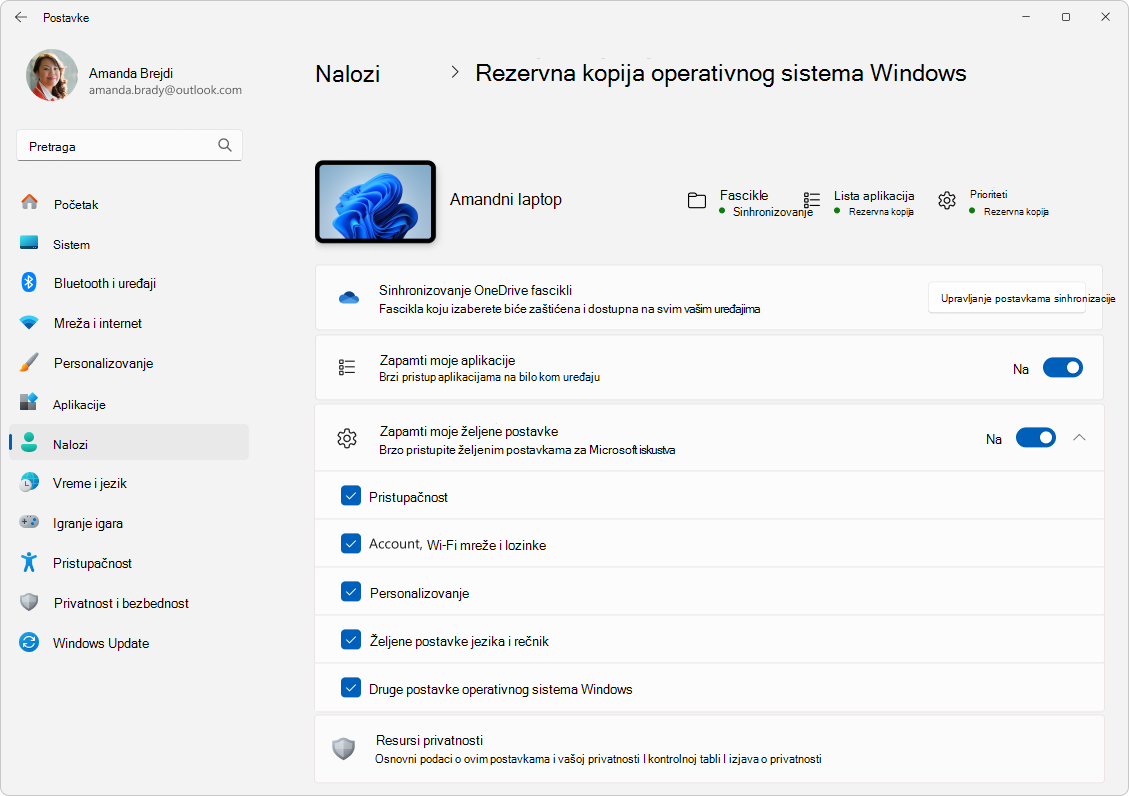 Snimak ekrana postavki > naloga > Rezervne kopije operativnog sistema Windows u operativnom sistemu Windows 11.