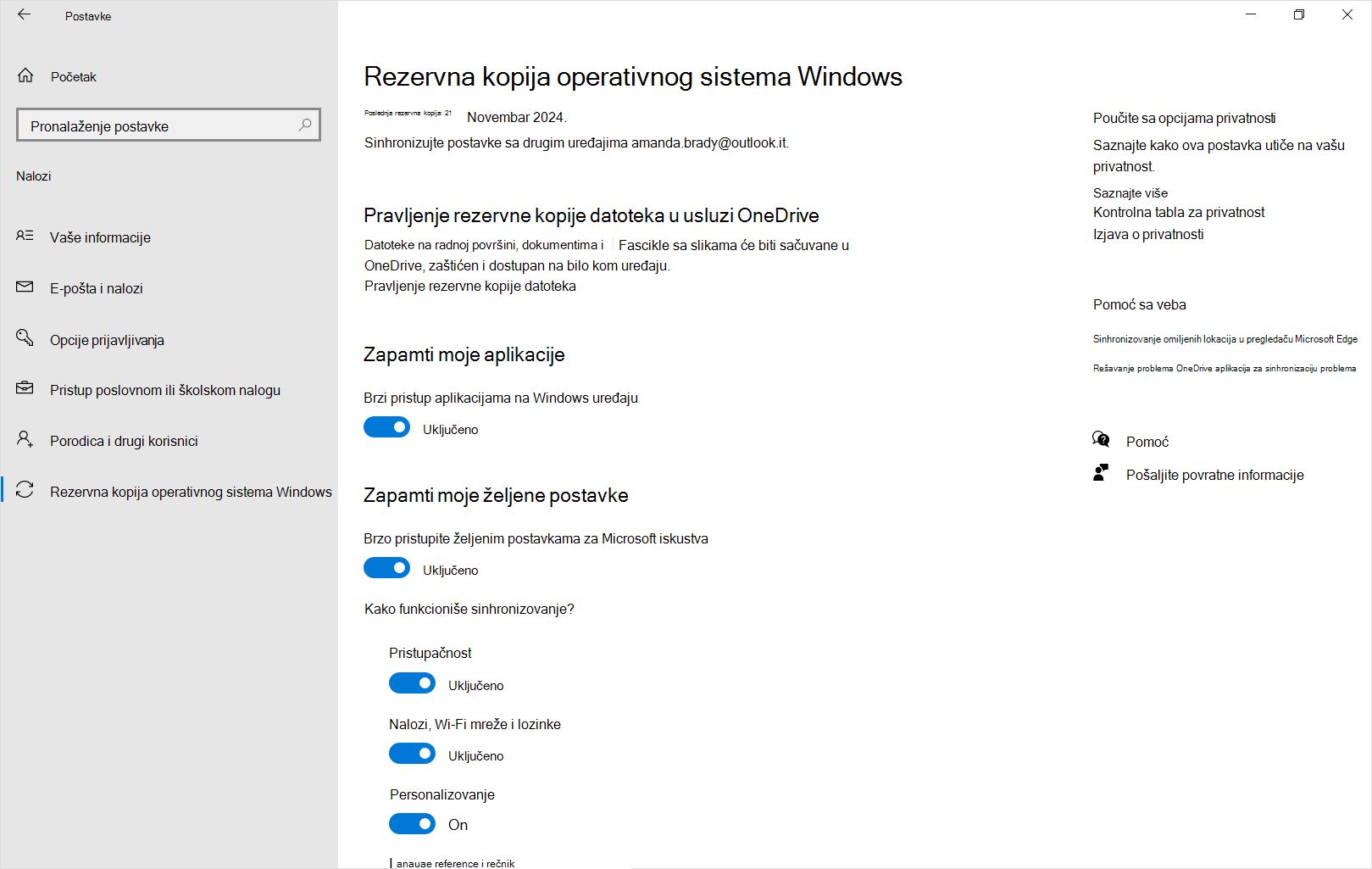 Snimak ekrana postavki Rezervne kopije operativnog sistema Windows u operativnom sistemu Windows 10.