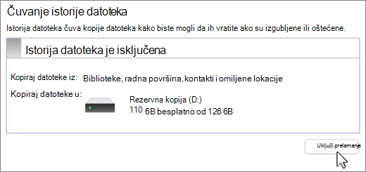 Snimak ekrana instalacije rezervne kopije Windows istorije datoteka.