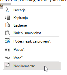 Kontekstualni meni programa Word za veb sa izabranom stavkom 