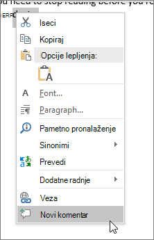 Odaberite stavku „Novi komentar“ u kontekstualnom meniju