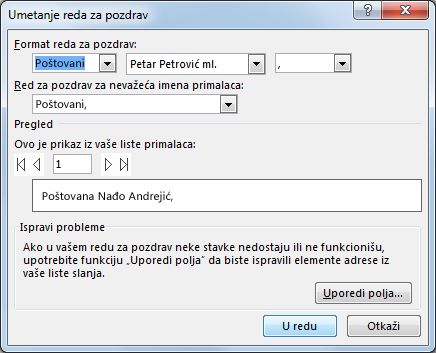 Opcije reda za pozdrav