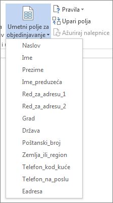 Meni „Umetanje polja za objedinjavanje“ sa dostupnim poljima