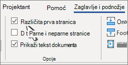 Opcije trake zaglavlja sa izabranom opcijom 