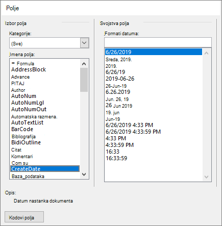 Izbor polja, kategorije i svojstva