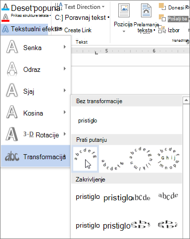 Izbor efekta teksta zakrivljene transformacije