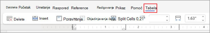 Table tabs in simplified ribbon