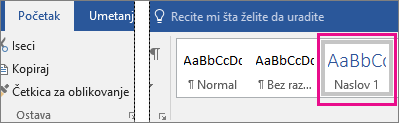 Naslov 1 je markiran na kartici „Početak“.