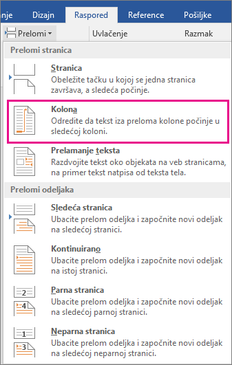 Opcija „Kolona“ je markirana u meniju „Prelomi“.
