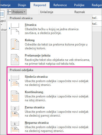 Tipovi preloma odeljka su markirani na kartici „Raspored“.