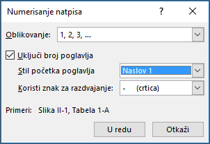 Koristite dijalog za numerisanje natpisa da biste dodali brojeve poglavlja u natpise.