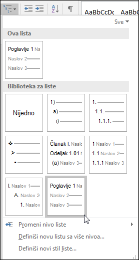 Koristite listu sa više nivoa „Naslovi poglavlja“ da biste formatirali naslove poglavlja tako da budu uključeni u natpise.