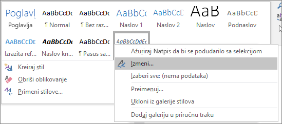 Kliknite desnim tasterom miša na stil natpisa u galeriji stilova da biste izmenili oblikovanje natpisa.