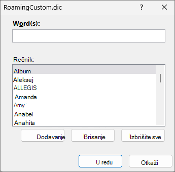 Dijalog za uređivanje rečnika