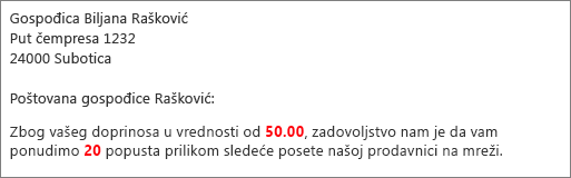 U dokumentu objedinjavanja pošte koji čita vaš doprinos od 50,00 i nudi vam popust od 20.
