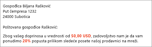 Dokument rezultata objedinjavanja pošte čita vaš doprinos od 50,00 USD i nudi vam popust od 20%.