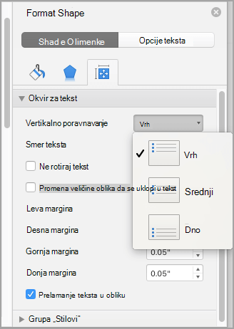 Snimak ekrana izbora poravnavanja