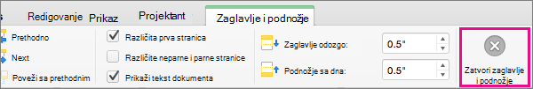 Da biste prestali da uređujete zaglavlje ili podnožje dokumenta, kliknite na dugme 