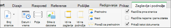 Kada kliknete dvaput na oblast zaglavlja ili podnožja, Word prikazuje karticu 