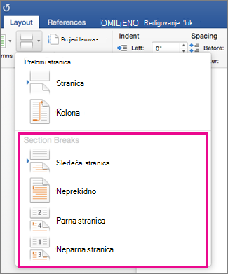 On the Layout tab, the Section Breaks menu is highlighted
