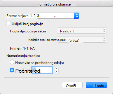 Izaberite stil numerisanja i početni broj u formatu broja stranice.