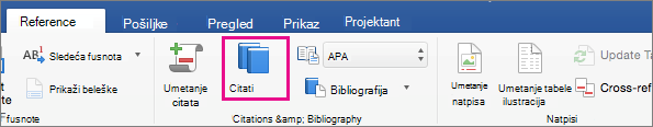 Na kartici „Reference“ markirana je stavka „Citati“.