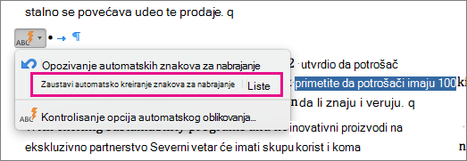 Opcija za zaustavljanje automatskog kreiranja lista sa znakovima za nabrajanje je istaknuta.