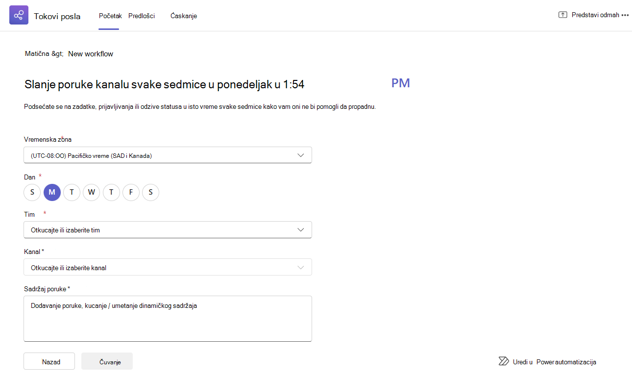 Snimak ekrana koji prikazuje poruke i ispravke predloška za automatizaciju.