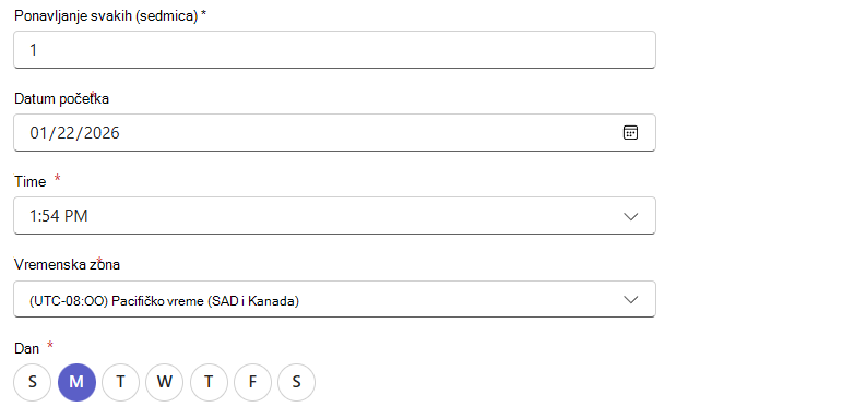 Snimak ekrana koji prikazuje okidač Odaberite raspored za tok posla.