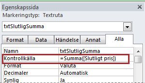 Ett uttryck i egenskapen Kontrollkälla för en textruta.