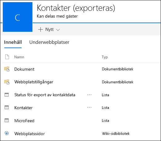 SharePoint-underwebbplatssida som innehåller listor från exporterad Access Web App