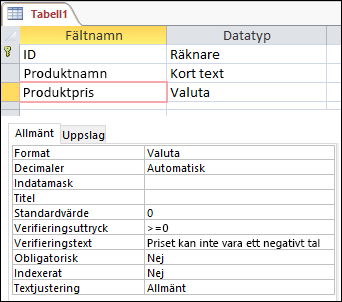Fältverifieringsuttryck som visas i tabelldesignern i Access