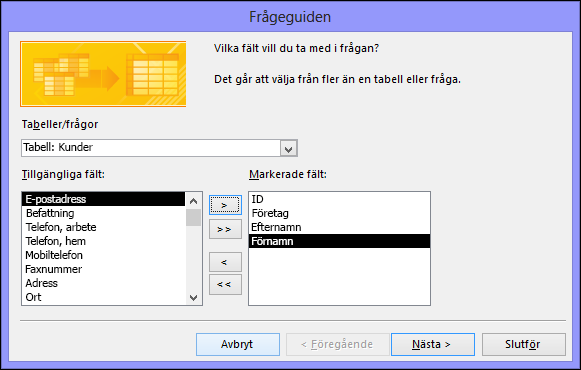 Markera de fält som du vill använda i dialogrutan Frågeguiden.