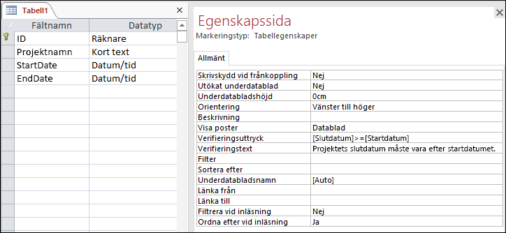Verifieringsuttryck för tabell i tabelldesignern i Access.