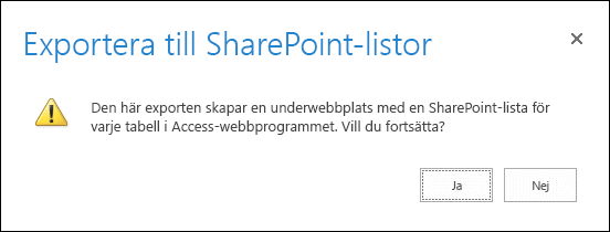 Skärmbild av bekräftelsedialogrutan. Om du klickar på Ja exporteras data till SharePoint-listor och om du klickar på Nej avbryts exporten.