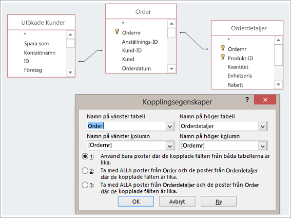 Skärmbild av tre tabeller och deras kopplingsegenskaper