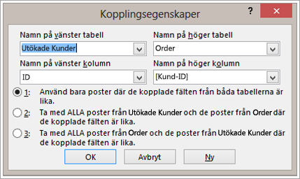 Skärmbild av kopplingsegenskaper med det vänstra tabellnamnet markerat
